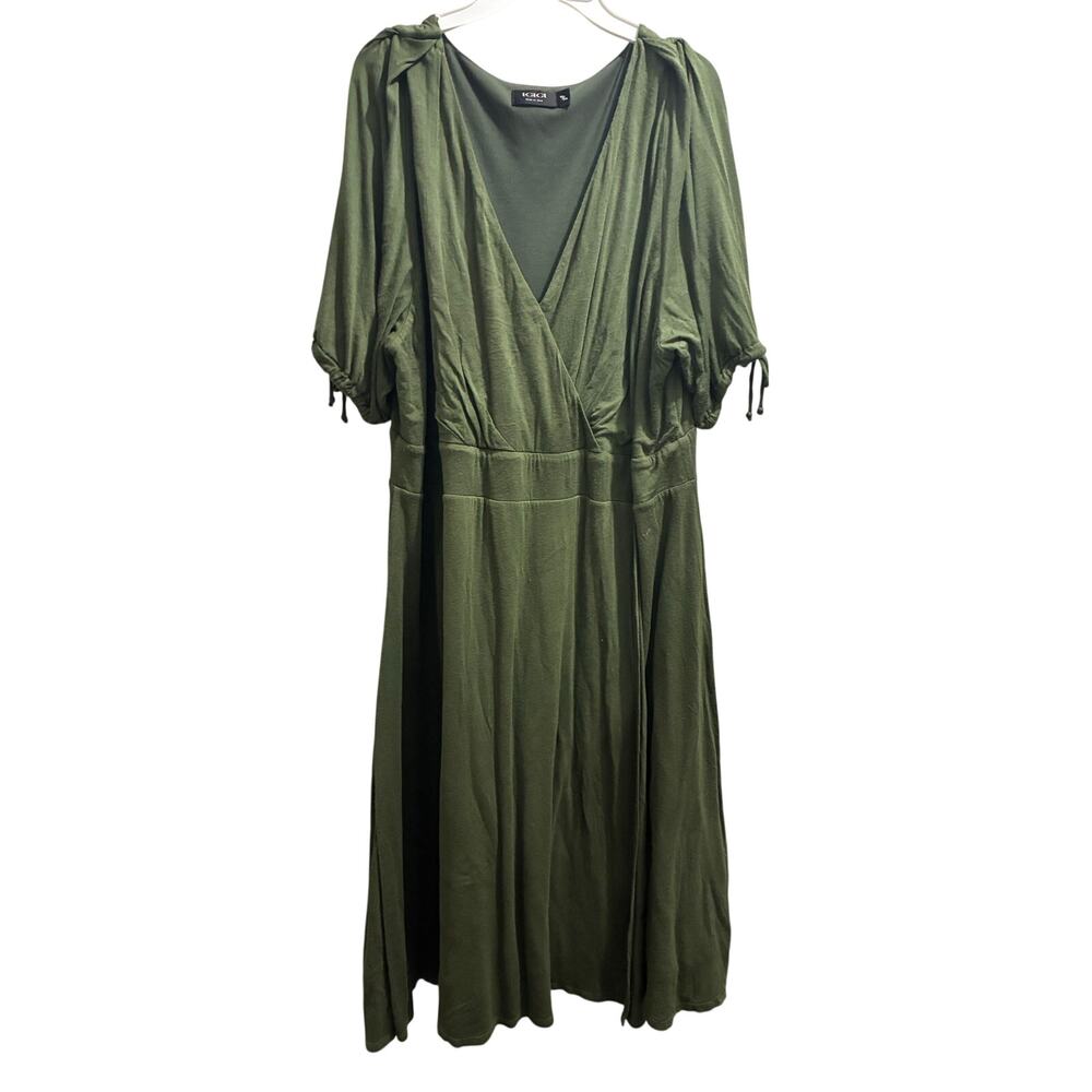 IGIGI Plus Size Olive Green Faux Wrap Midi Dress Surplice V-Neck Short Sleeve